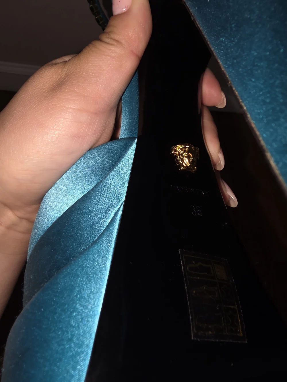 Versace Teal Satin Platform Slingback Heels with Jeweled Anklet